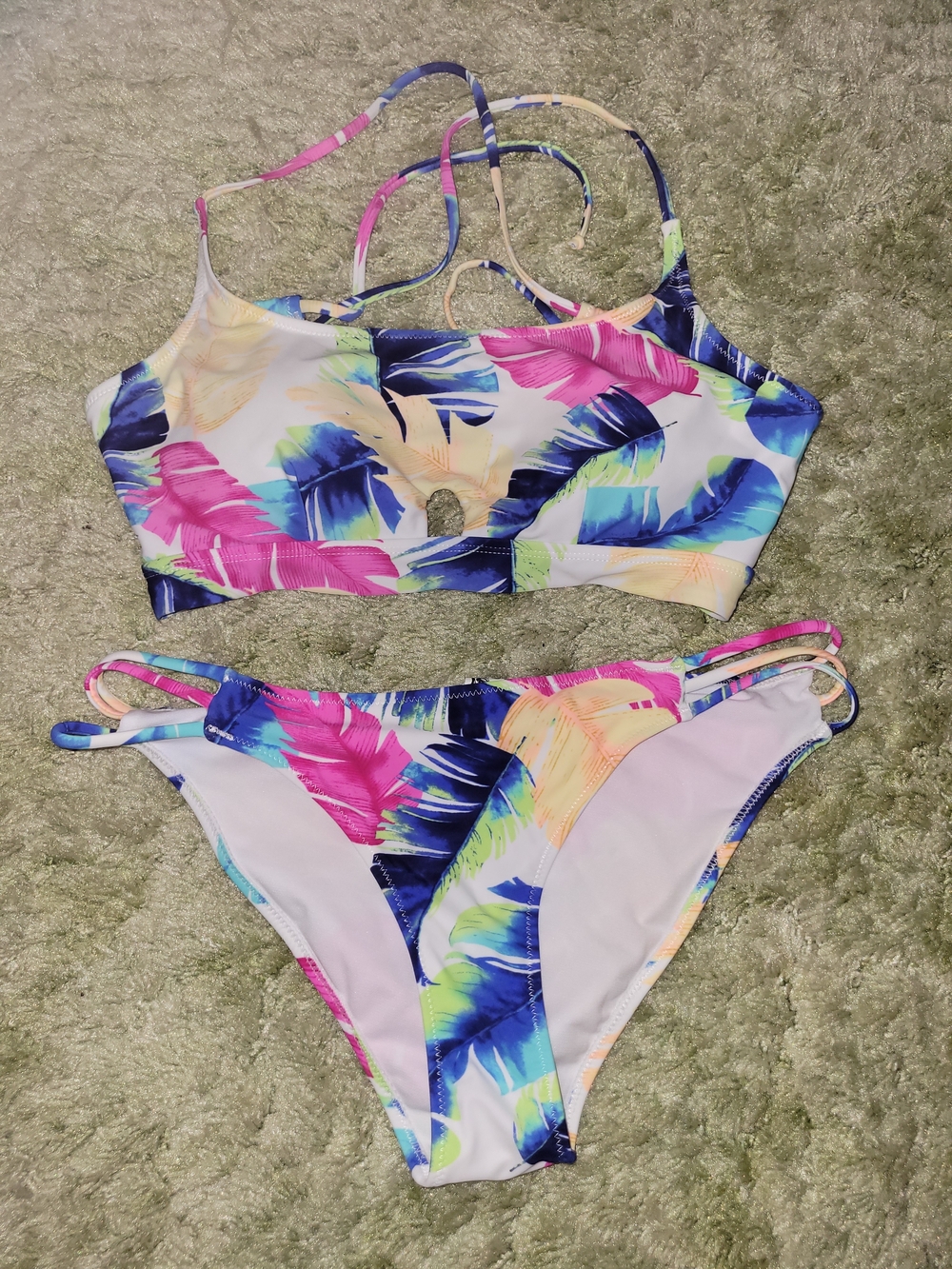 Tropical Feather Print Bikini Set - Pink & Blue